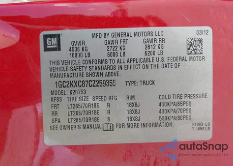 2012 Chevrolet Silverado 2500Hd Lt z USA, uszkodzony, nr VIN 1GC2KXC87CZ259355